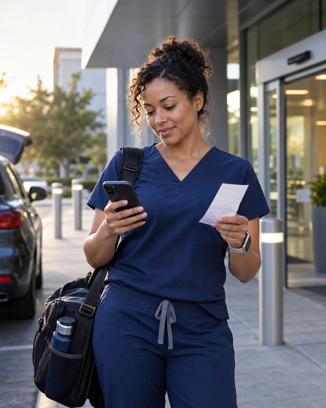 Travel nurse reviewing a receipt on a phone outside a workplace