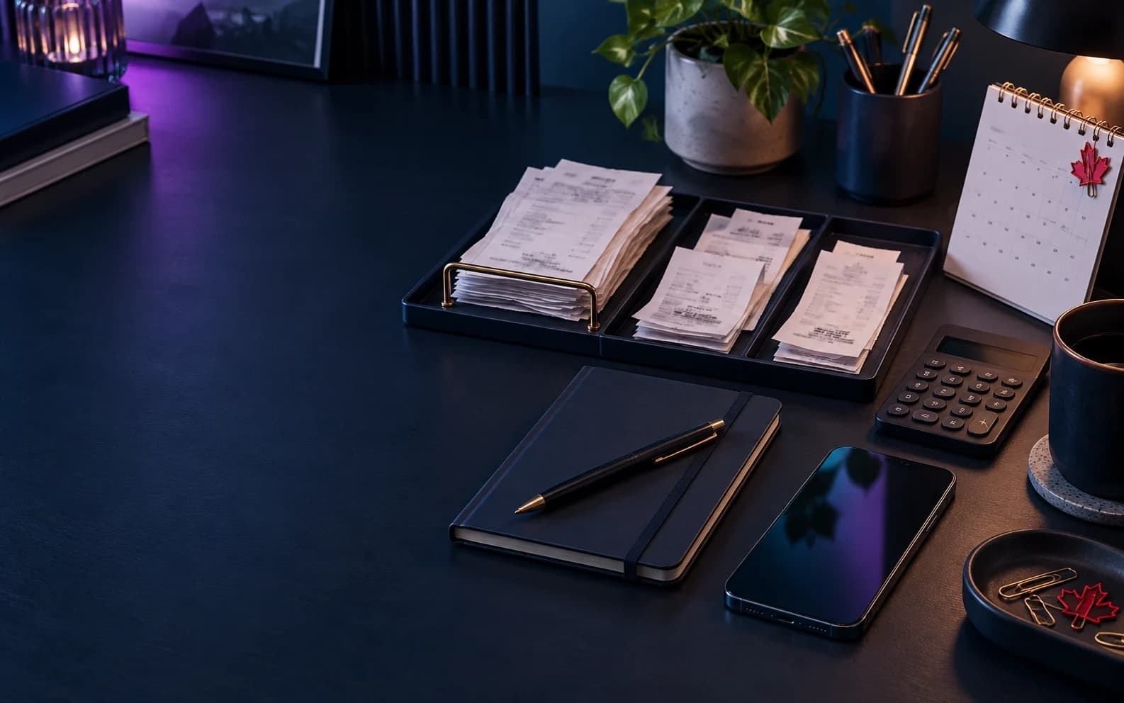 Neatly organized receipts, a phone, calculator, and calendar on a dark desk